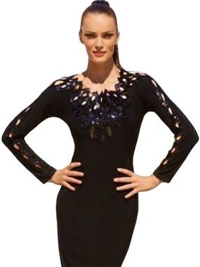 Joseph Ribkoff Black Sequin Appliqu Style 161995 Sheath Long Sleeve Dress Size 8